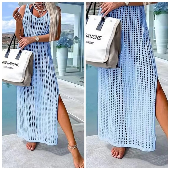 Beige Openwork Slit Cutout Wide Strap Dress - Picture 6 of 10